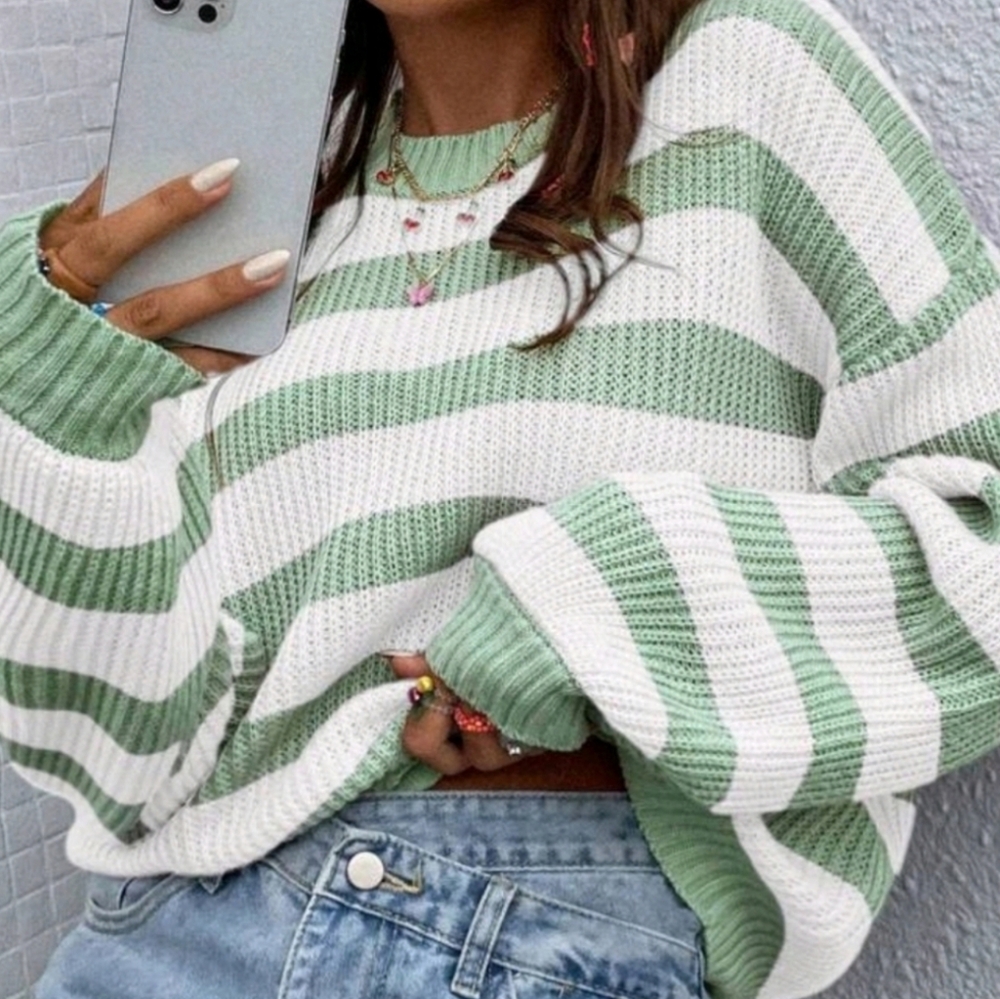 New Casual Chunky Knit Striped Sweater Top Pullover White Green
